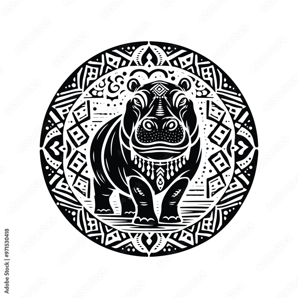 Hippo in bohemian black and white silhouette illustration Hippo in bohemian black and white silhouette illustration