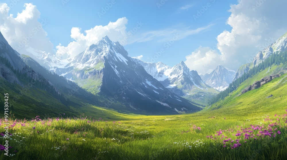 Fototapeta premium flowers in foreground, blue sky with clouds, background