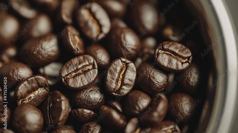 Fototapeta premium A crock pot filled with coffee beans in a tight close-up, topped with an additional layer