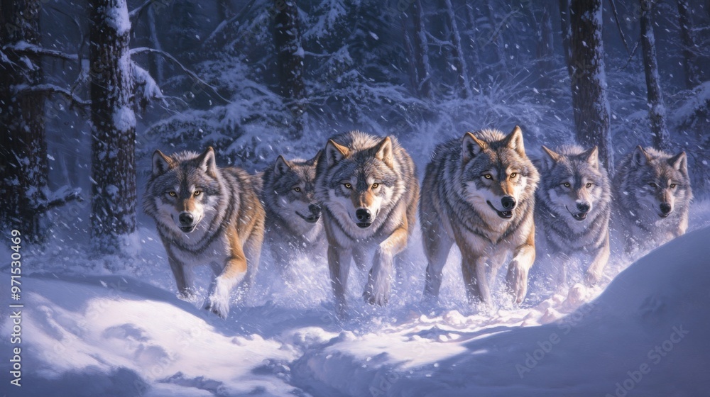 A Pack of Wolves Running Through a Snowy Forest A Pack of Wolves Running Through a Snowy Forest
