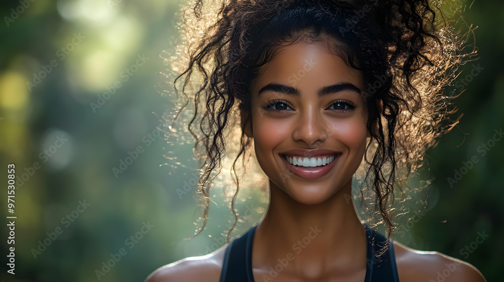 A smiling woman with curly hair in a natural outdoor setting. A smiling woman with curly hair in a natural outdoor setting.