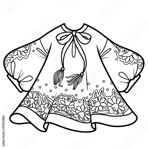 Loose flowy dress with puff sleeves embroidery daffodils flowers outlined for coloring page on white background