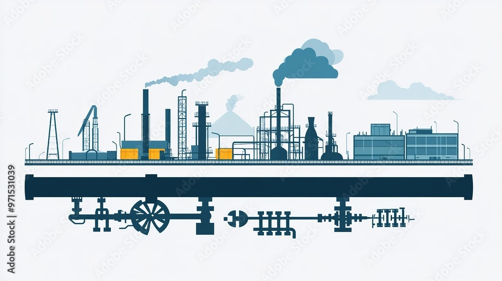 Industrial landscape featuring factories with smokestacks and machinery in a modern city setting Industrial landscape featuring factories with smokestacks and machinery in a modern city setting