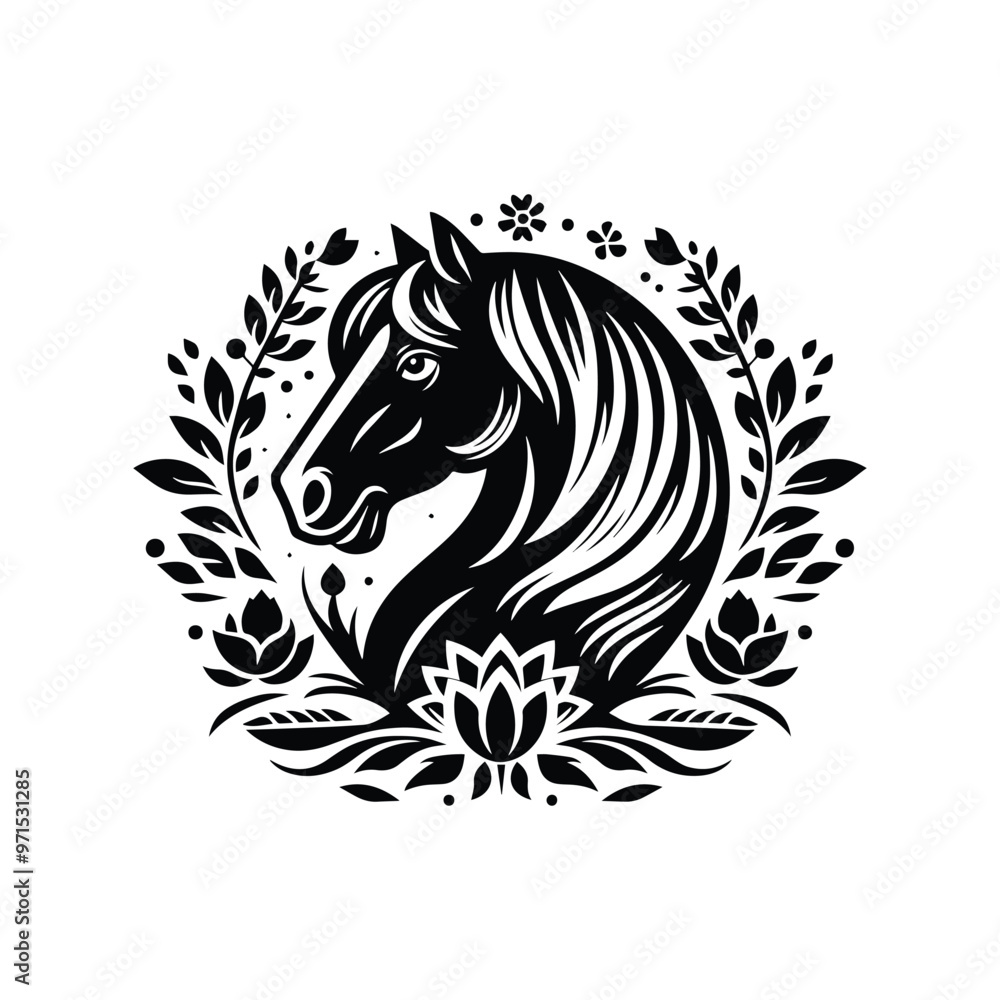 Obraz premium Horse in folk art black and white silhouette illustration