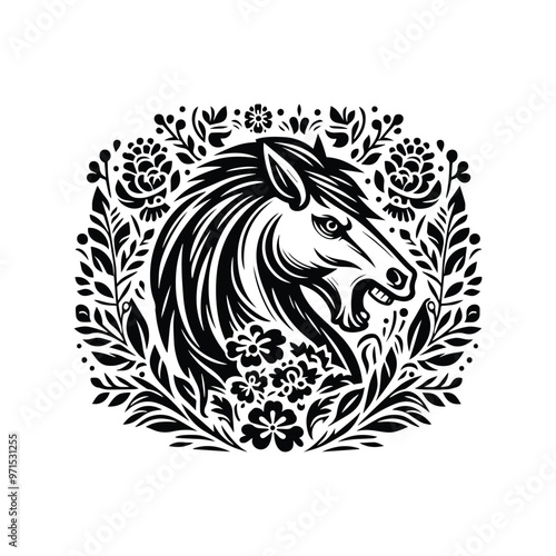 Wallpaper Mural Horse in folk art black and white silhouette illustration Torontodigital.ca