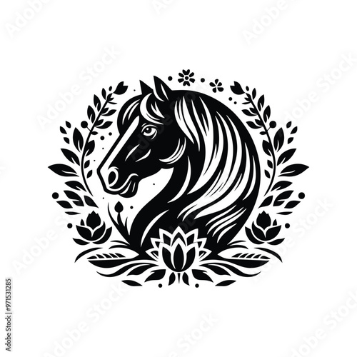 Wallpaper Mural Horse in folk art black and white silhouette illustration Torontodigital.ca