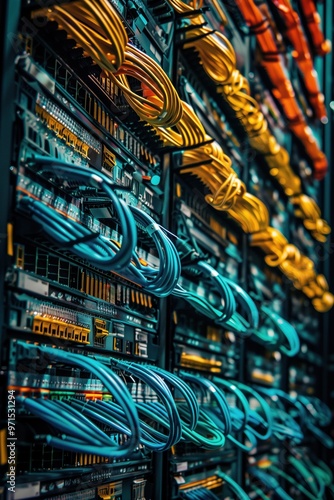 Server rack filled with colorful cables, showcasing a well-organized network setup. The cables are neatly arranged in rows, with vibrant colors like orange, yellow, and teal. photo