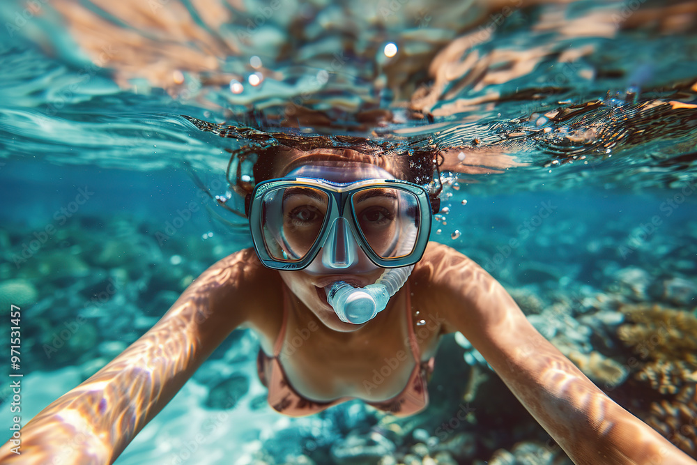 Fototapeta premium Underwater photo of young woman swimming near corals and reefs
