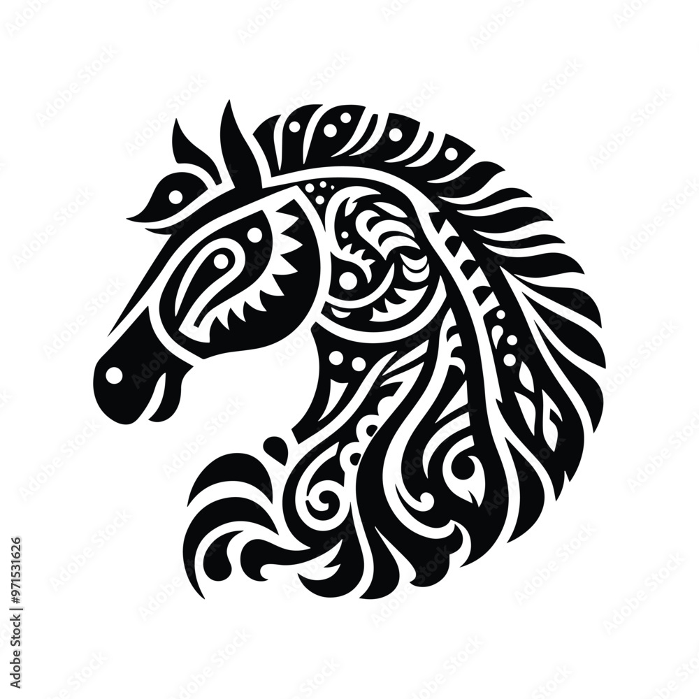 Fototapeta premium Horse in folk art black and white silhouette illustration