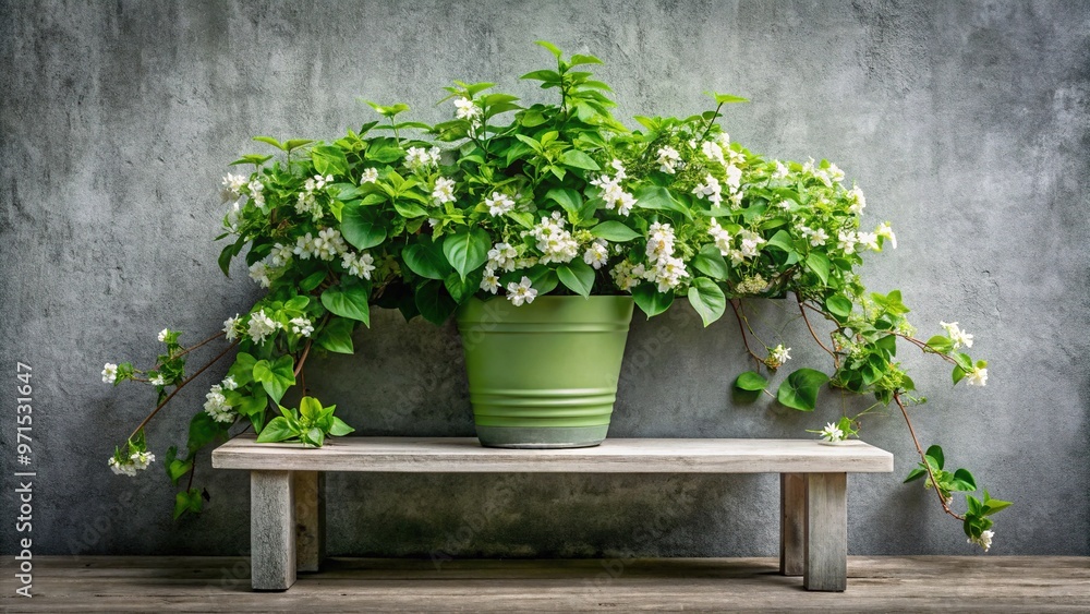Vibrant green pot plant with sprawling vines and white blooming flowers symbolizing growth, harmony, and natural beauty sitting on a modern grey concrete bench. Vibrant green pot plant with sprawling vines and white blooming flowers symbolizing growth, harmony, and natural beauty sitting on a modern grey concrete bench.