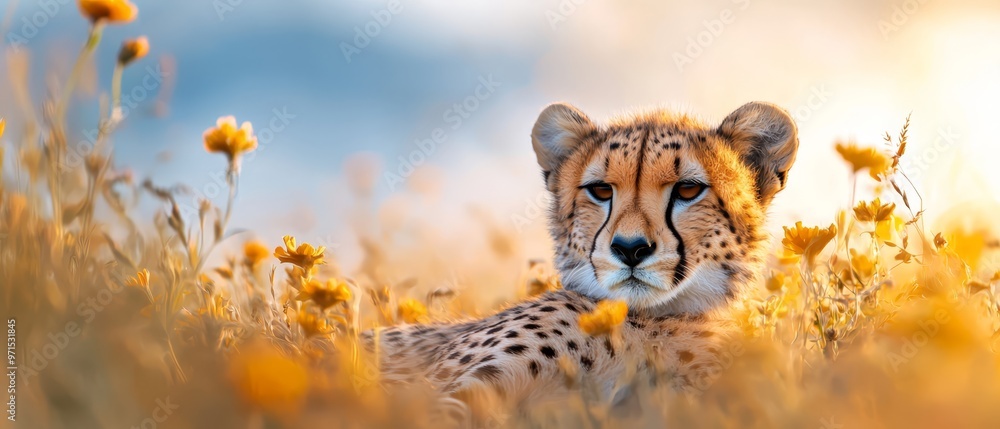 Obraz premium A cheetah in a field of wildflowers against a blue sky Sunbeams in the foreground