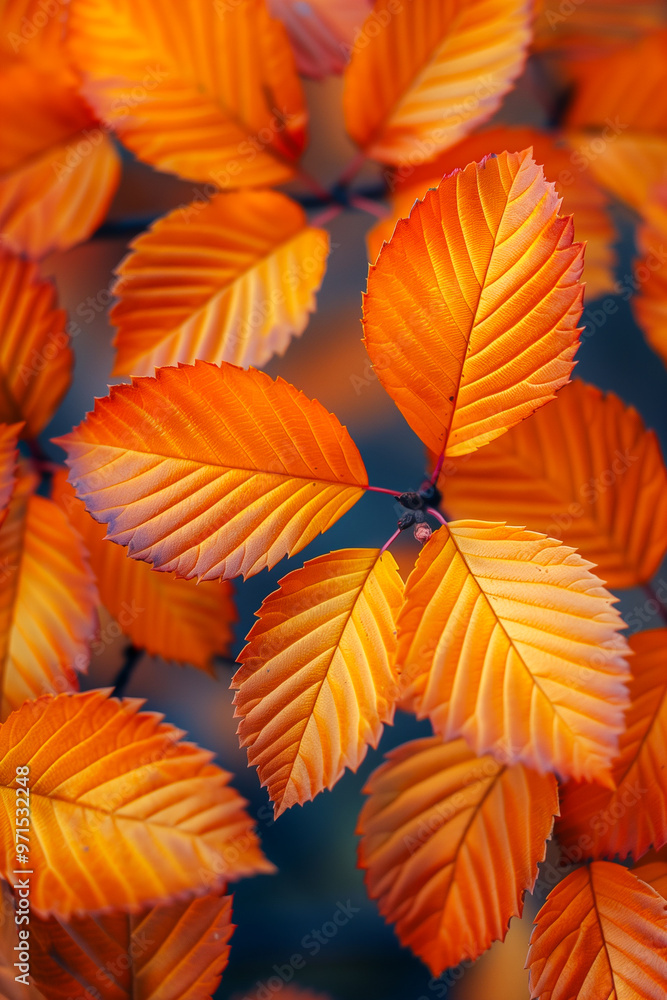 Vertical background with textured bright orange leaves on tree, design for seasonal postcards or calendars Vertical background with textured bright orange leaves on tree, design for seasonal postcards or calendars