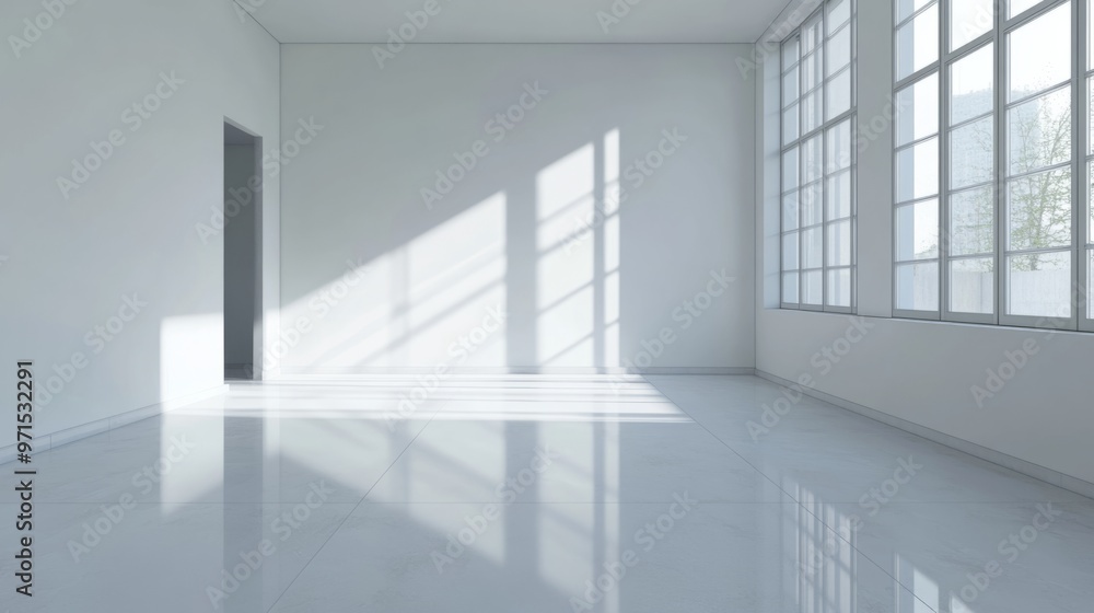 Fototapeta premium Empty room, clean white floor, white walls, generative ai