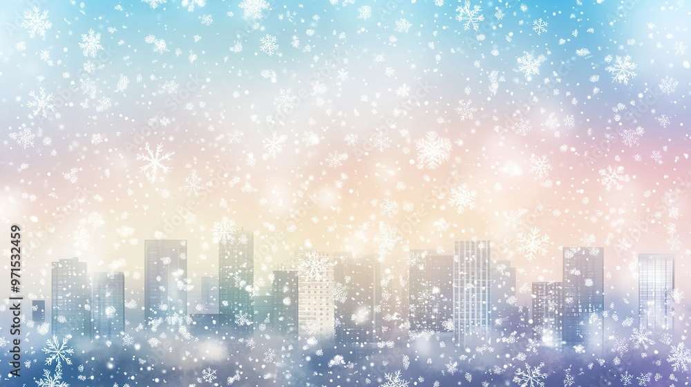 Obraz premium Snowflakes softly falling over a city skyline at twilight creating a serene winter atmosphere