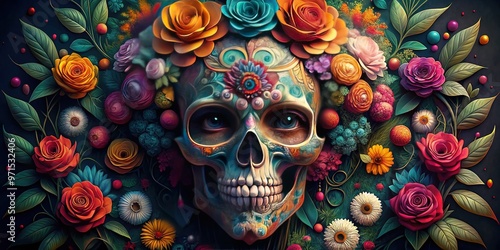 Vibrant, intricately detailed floral patterns swirl around a sugar skull's face, blending life and death in a whimsical, dreamlike painted masterpiece on a dark background.