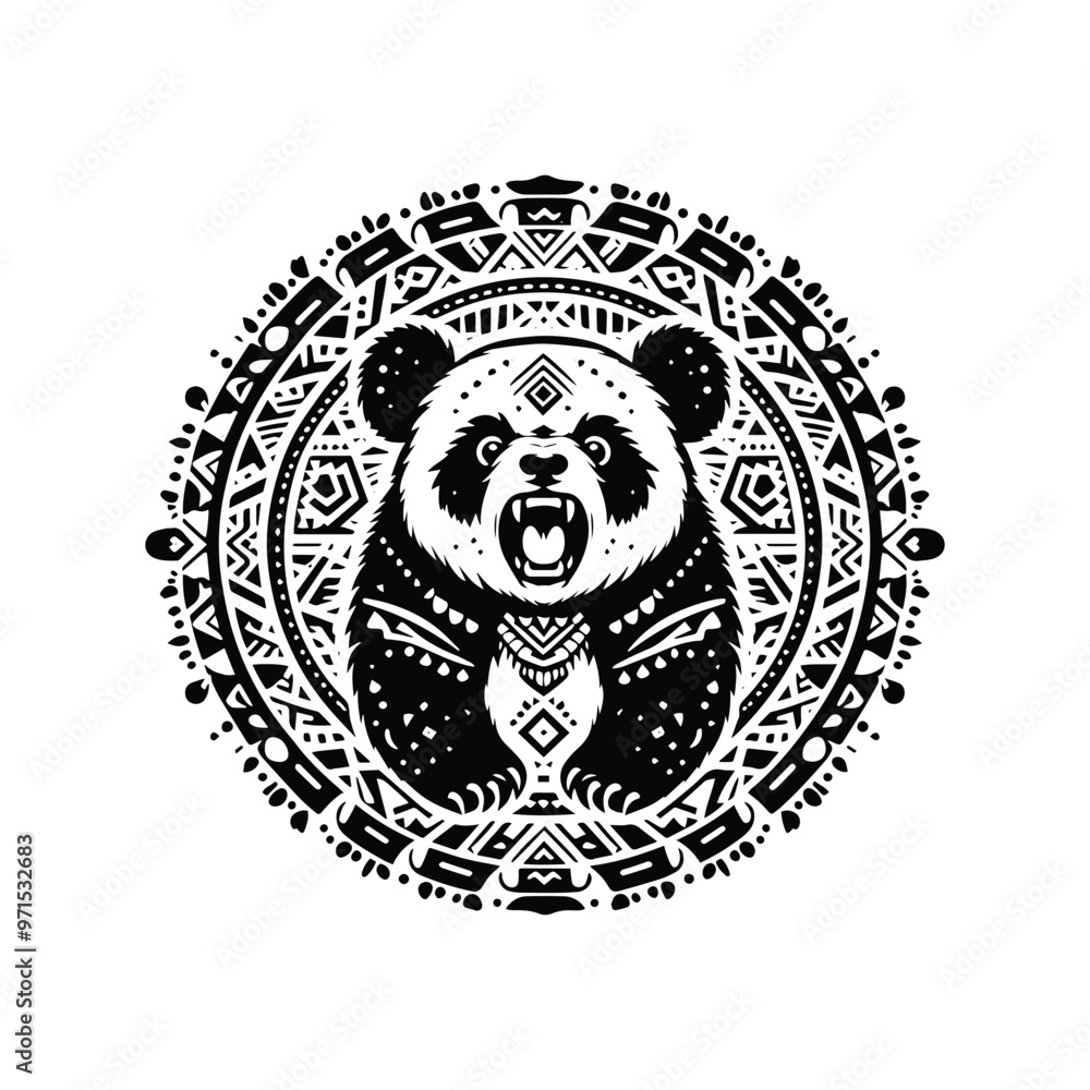 Obraz premium panda in bohemian black and white silhouette illustration