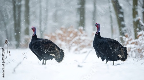 Two Wild Turkeys Standing in a Snowy Forest photo