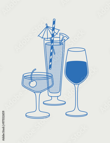 Sex on the beach, Manhattan cocktails, and wine. Line art, retro. Vector illustration for bars, cafes, and restaurants.