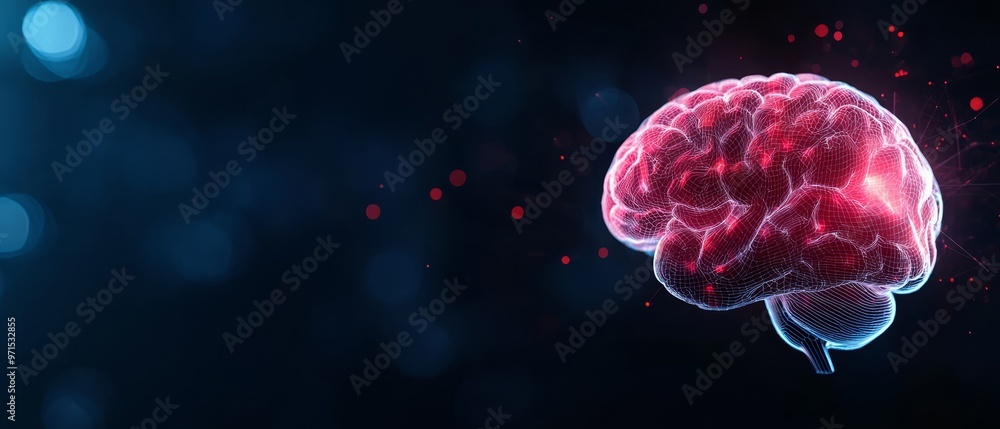 A computated image of a brain against a dark blue backdrop, illuminated by a spotlight from the left side A computated image of a brain against a dark blue backdrop, illuminated by a spotlight from the left side