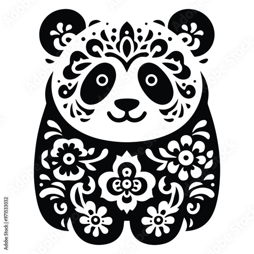 panda in folk art black and white silhouette illustration