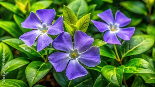 * Delicate purple flowers with five petals surround a sunny yellow center, blooming amidst a backdrop of robust green foliage. photo