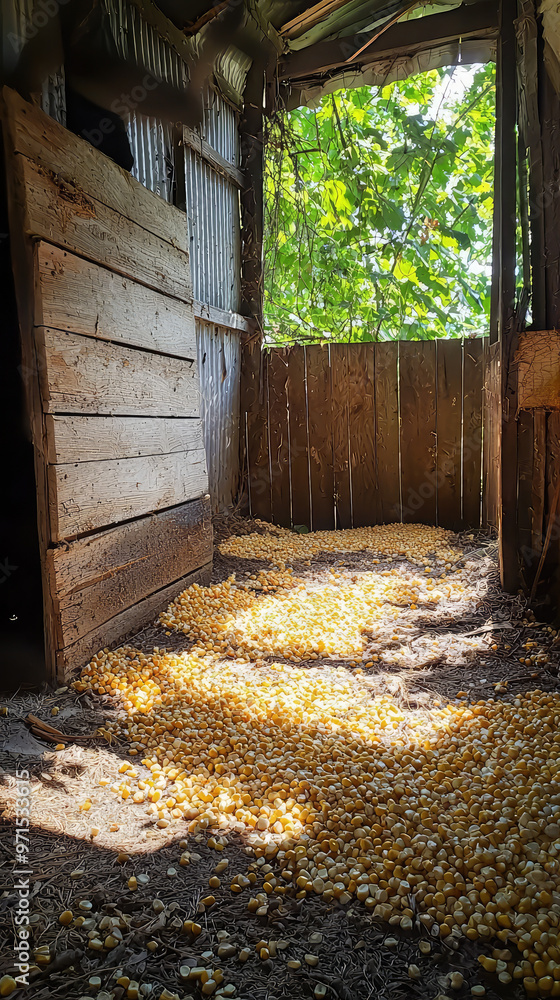 A cozy chicken coop with scattered corn feed on ground, inviting warmth A cozy chicken coop with scattered corn feed on ground, inviting warmth