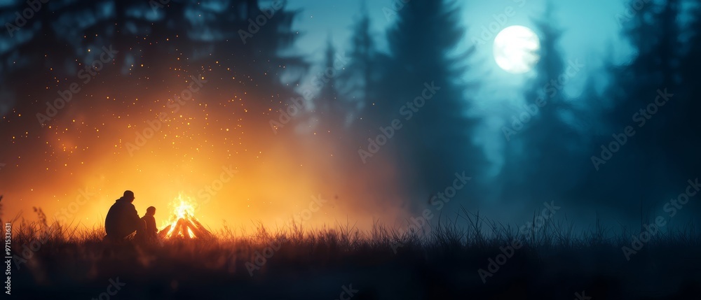 Fototapeta premium A man and a woman seated by a forest campfire under a full moon's glow