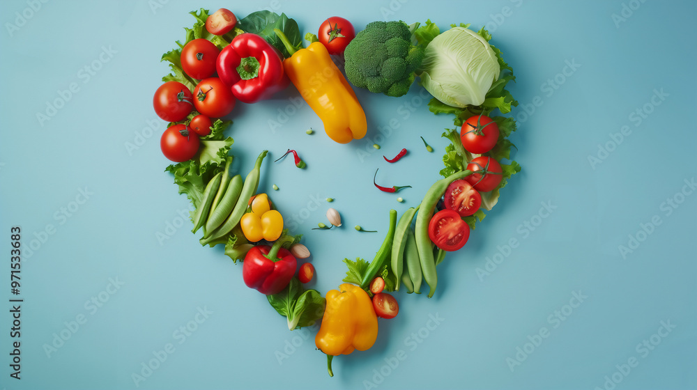 heart shape create with vegetable on blue background heart shape create with vegetable on blue background