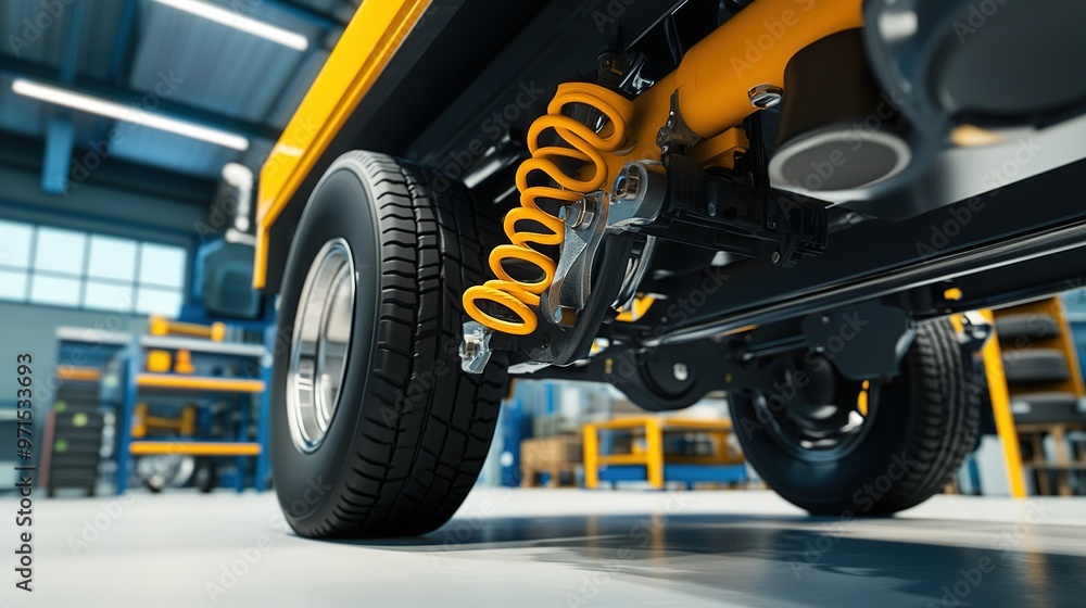 An up-close view of a yellow vehicle's suspension system in a workshop showcasing automotive craftsmanship An up-close view of a yellow vehicle's suspension system in a workshop showcasing automotive craftsmanship