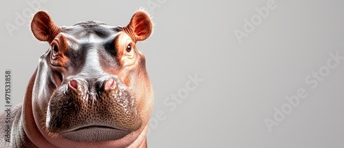  A tight shot of a hippo gazing at the camera, mouth agape, revealing its long tongue photo