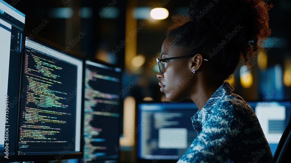 Focused programmer working late at night on multiple computer screens filled with code in a modern office setting Focused programmer working late at night on multiple computer screens filled with code in a modern office setting