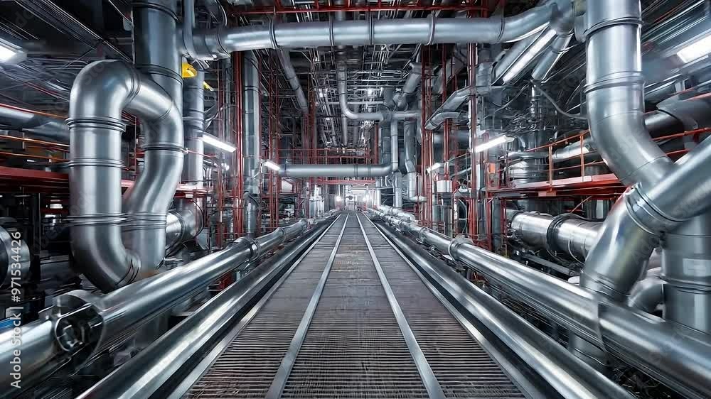 Large piping inside of industrial power plant, Industrial factory interior featuring state of machinery, Steel large chrome pipes, Equipment Large piping inside of industrial power plant, Industrial factory interior featuring state of machinery, Steel large chrome pipes, Equipment
