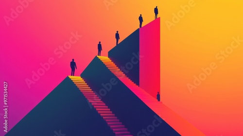 A series of ascending geometric platforms with people stepping up based on the light that shines from their actions and achievements, showing progress based on ability and merit photo