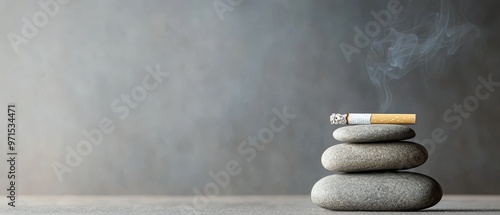  A stack of rocks with a cigarette balanced on one, emitting smoke from its summit photo