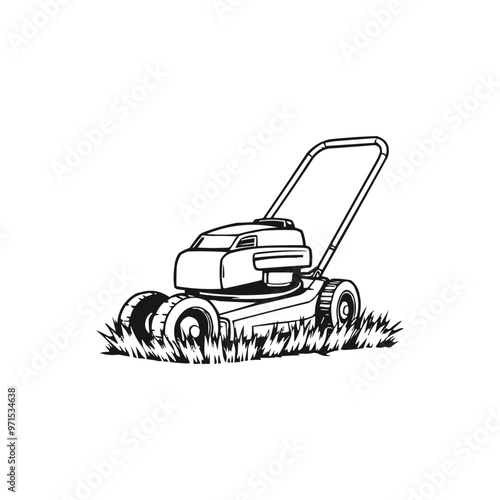 Lawn mower logo on white background. Logo featuring a man mowing the grass for brand. Suitable for landscaping, gardening, outdoor services, lawn care businesses.