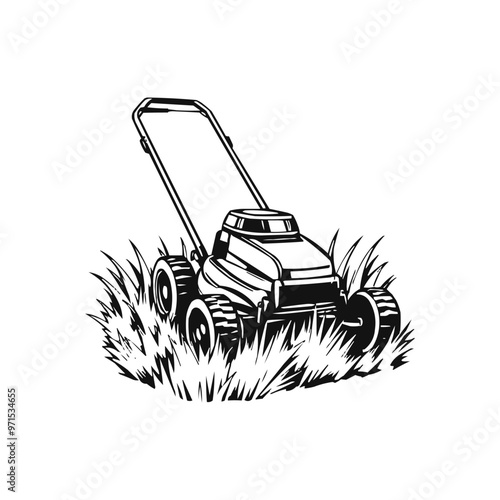Lawn mower logo on white background. Logo featuring a man mowing the grass for brand. Suitable for landscaping, gardening, outdoor services, lawn care businesses.