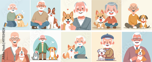 vector set of grandfather and dog with a simple and minimalist flat design style