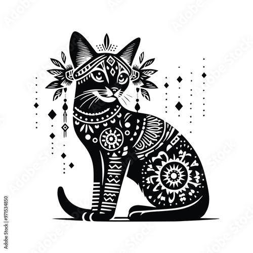 Abyssinian cat in bohemian black and white silhouette illustration