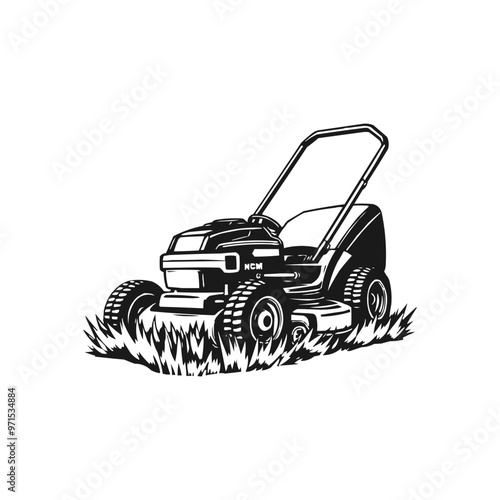 Lawn mower logo on white background. Logo featuring a man mowing the grass for brand. Suitable for landscaping, gardening, outdoor services, lawn care businesses.