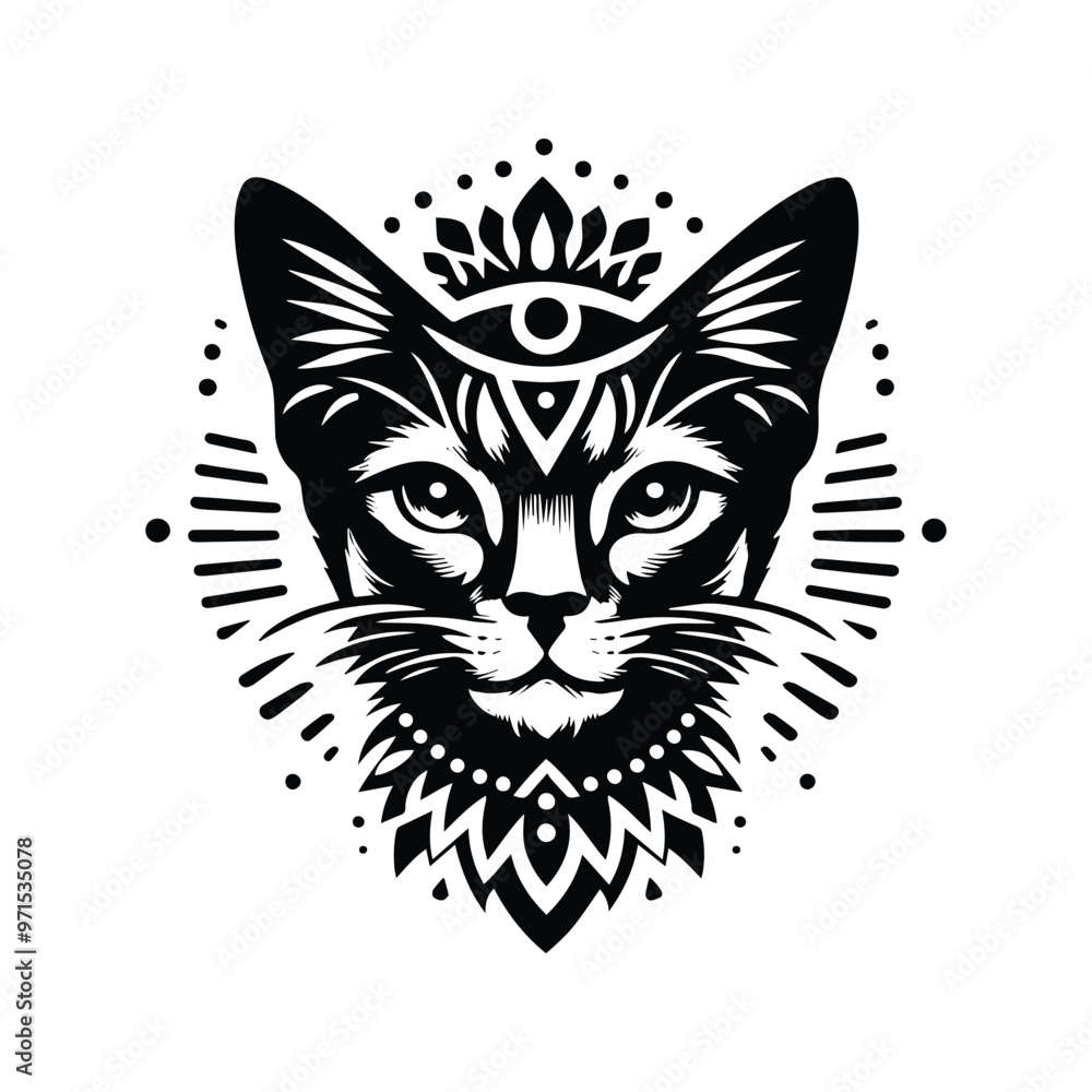 Obraz premium Abyssinian cat in bohemian black and white silhouette illustration