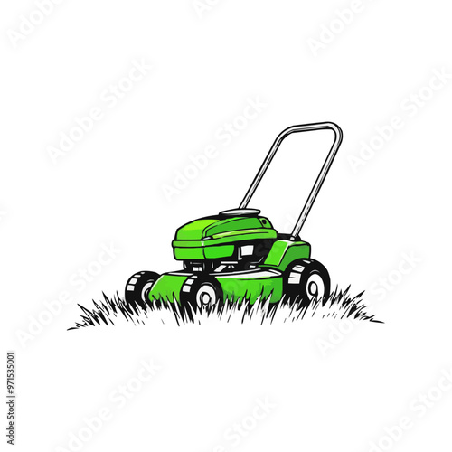 Lawn mower logo on white background. Logo featuring a man mowing the grass for brand. Suitable for landscaping, gardening, outdoor services, lawn care businesses.