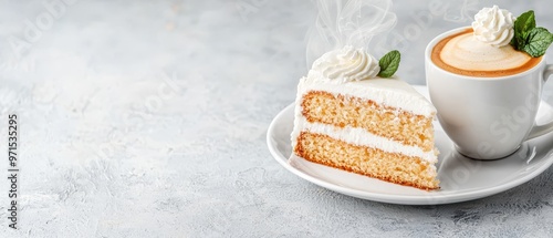  A slice of cake on a plate, next to a cup of coffee on a saucer
