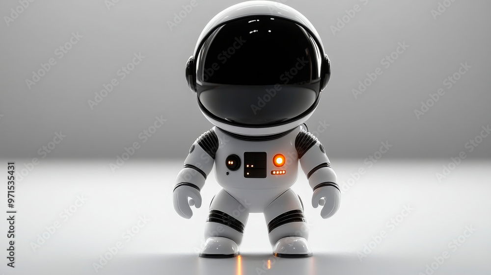 Minimalist image of a futuristic astronaut in a white space suit, isolated on a clean white background, symbolizing innovation and exploration