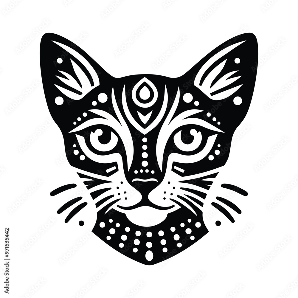 Obraz premium Abyssinian cat in folk art black and white silhouette illustration