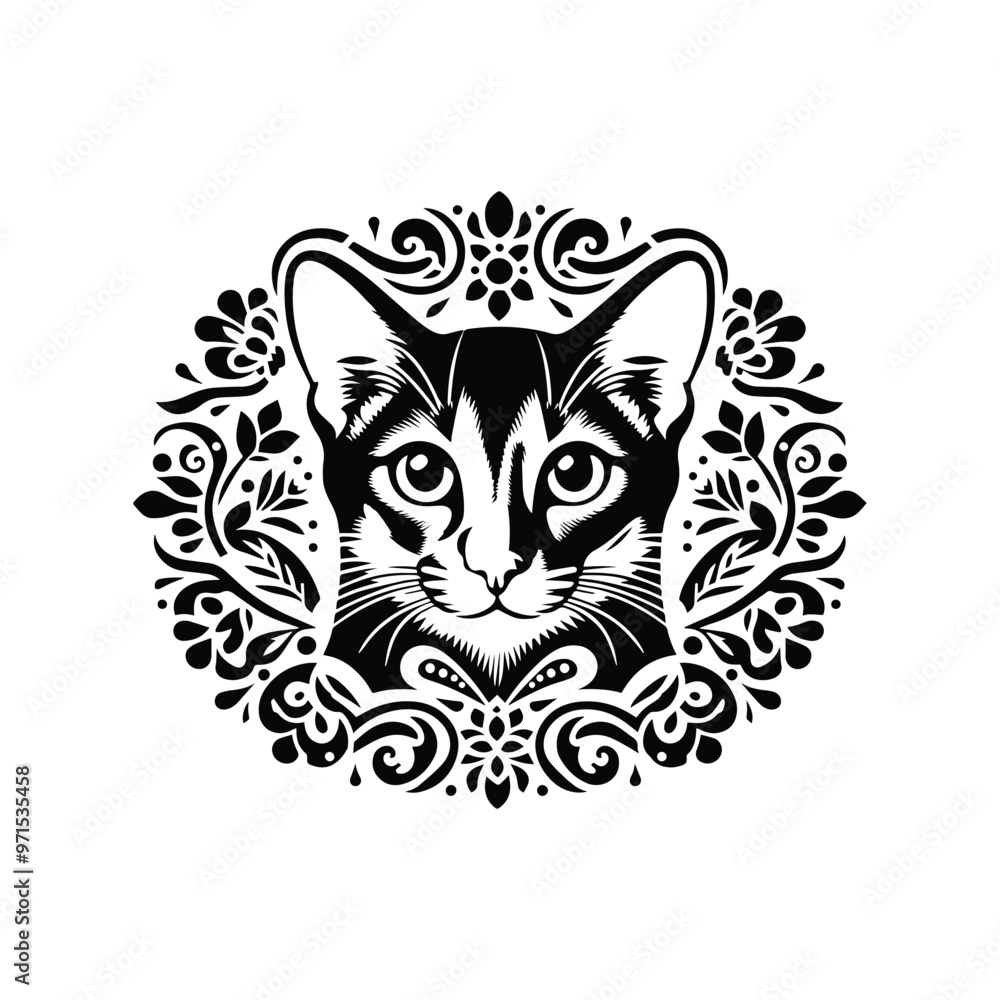 Fototapeta premium Abyssinian cat in folk art black and white silhouette illustration