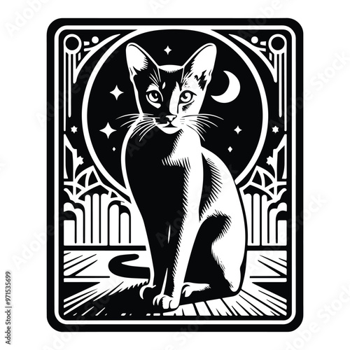 Abyssinian cat in Tarot card black and white silhouette illustration