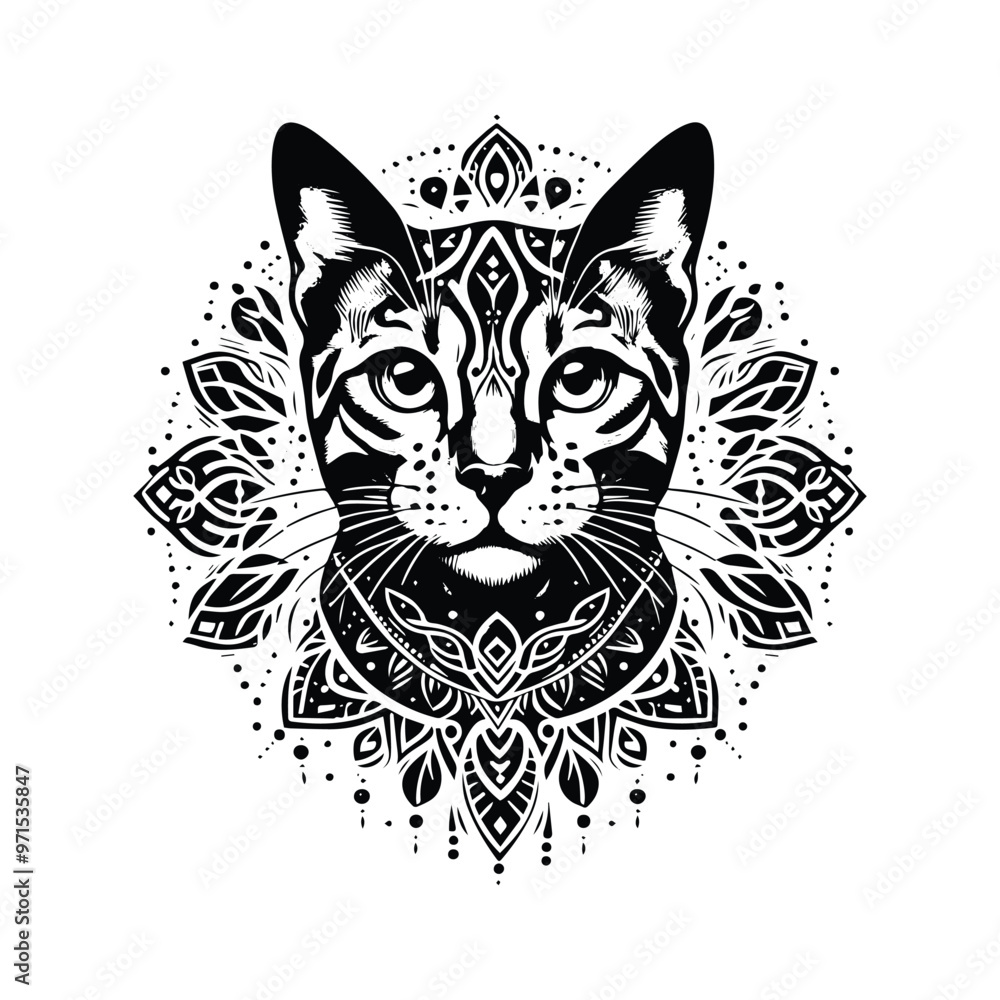Bengal Cat in bohemian black and white silhouette illustration Bengal Cat in bohemian black and white silhouette illustration