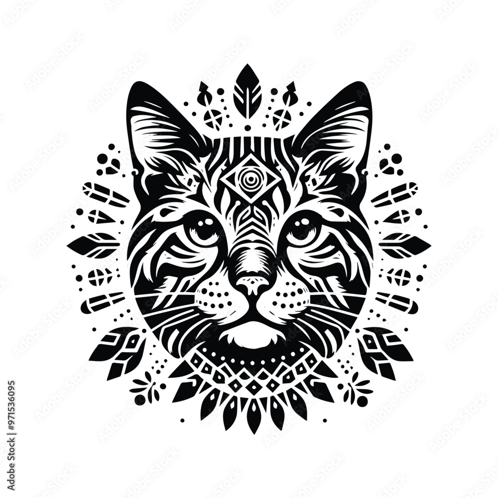 Fototapeta premium Bengal Cat in bohemian black and white silhouette illustration