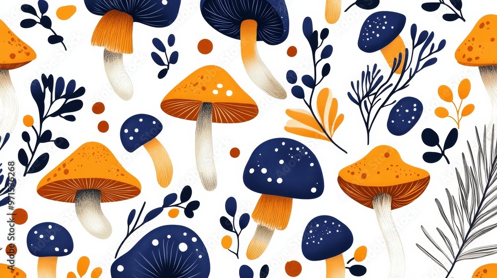 Blue and Orange Mushroom Pattern, Illustration, Digital Art, Autumn, Nature Blue and Orange Mushroom Pattern, Illustration, Digital Art, Autumn, Nature
