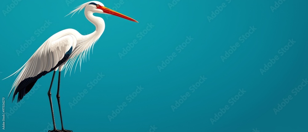 Obraz premium A large white bird with a lengthy beak atop a wooden block against a vibrant blue backdrop